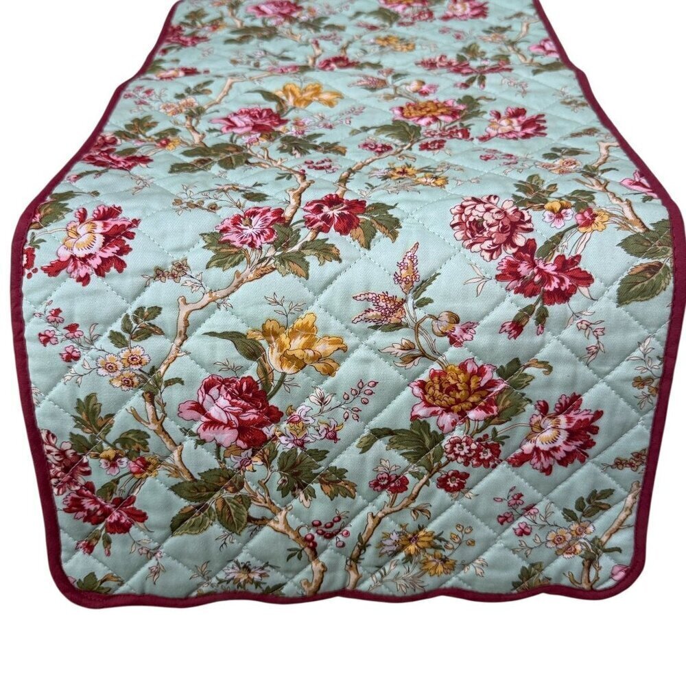 WAVERLY Table Runner Mint Green Red Floral Reversible 34" Long Cotton Quilted